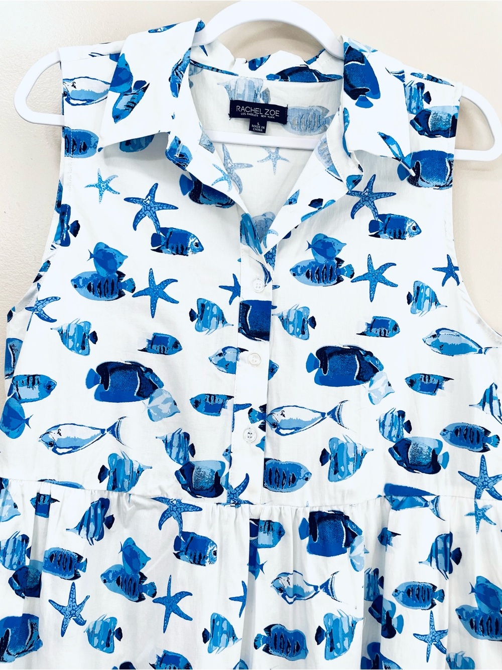 Rachel Zoe Nautical Shirt Dress L Maxi Tiered Sleeveless Fish Starfish